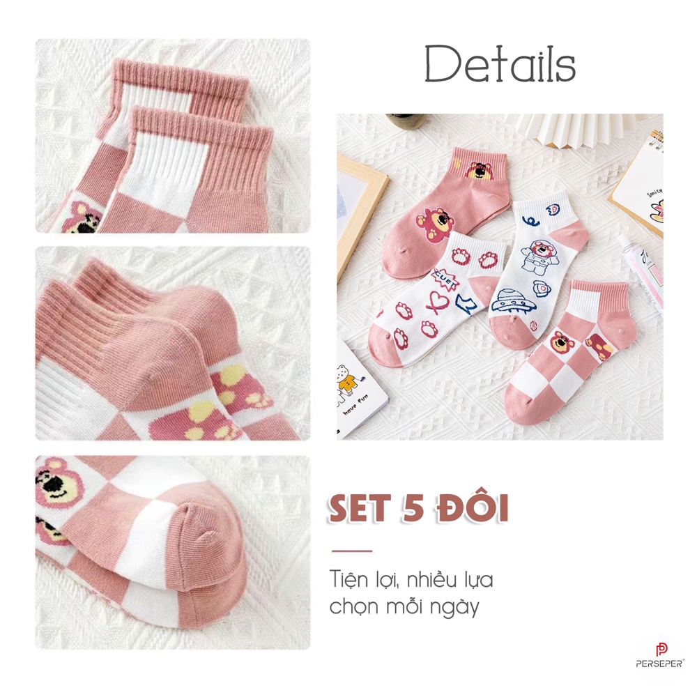 Tất vớ cổ ngắn chất liệu vải Hàn co giãn 4 chiều. sét 5 đôi vớ họa tiết xinh - Sope Shop