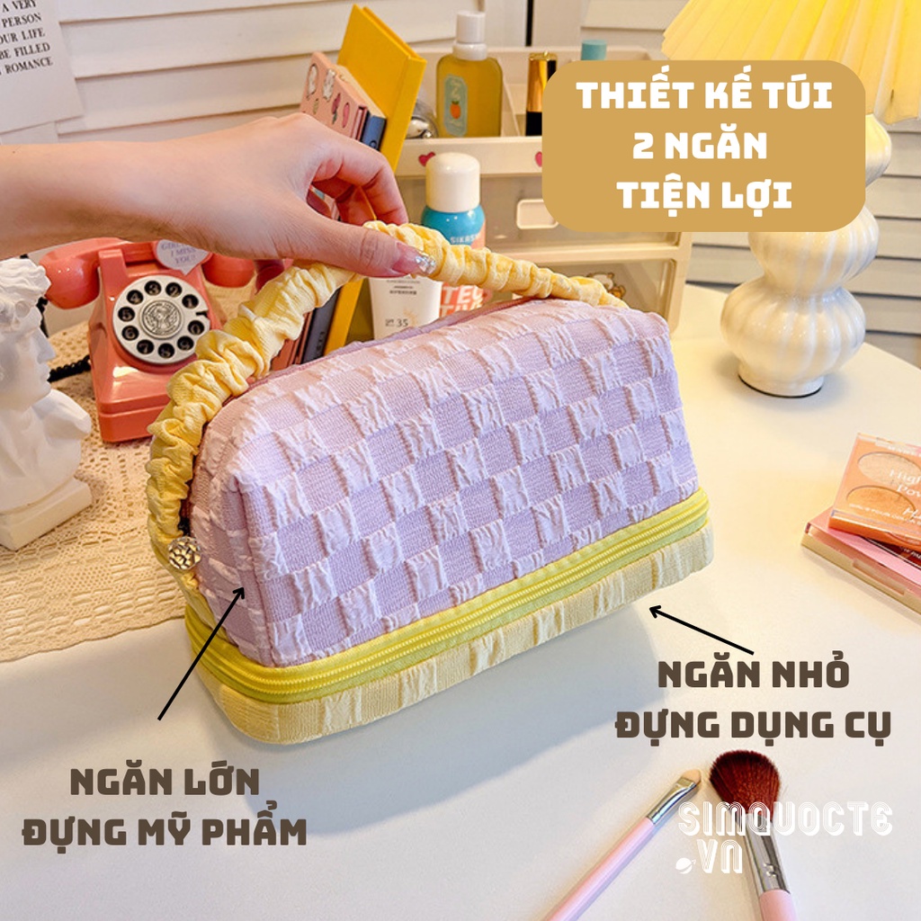 Túi đựng mỹ phẩm 2 ngăn cỡ lớn chất liệu vải len sợi dệt kim màu pastel xinh xắn phong cách Hàn Quốc TMP34