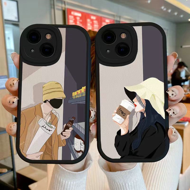 Ốp điện thoại bảo vệ camera hình cặp đôi nam nữ đội nón uống cà phê cho Samsung Galaxy A03 A22 A12 A20 A30 A20S A23