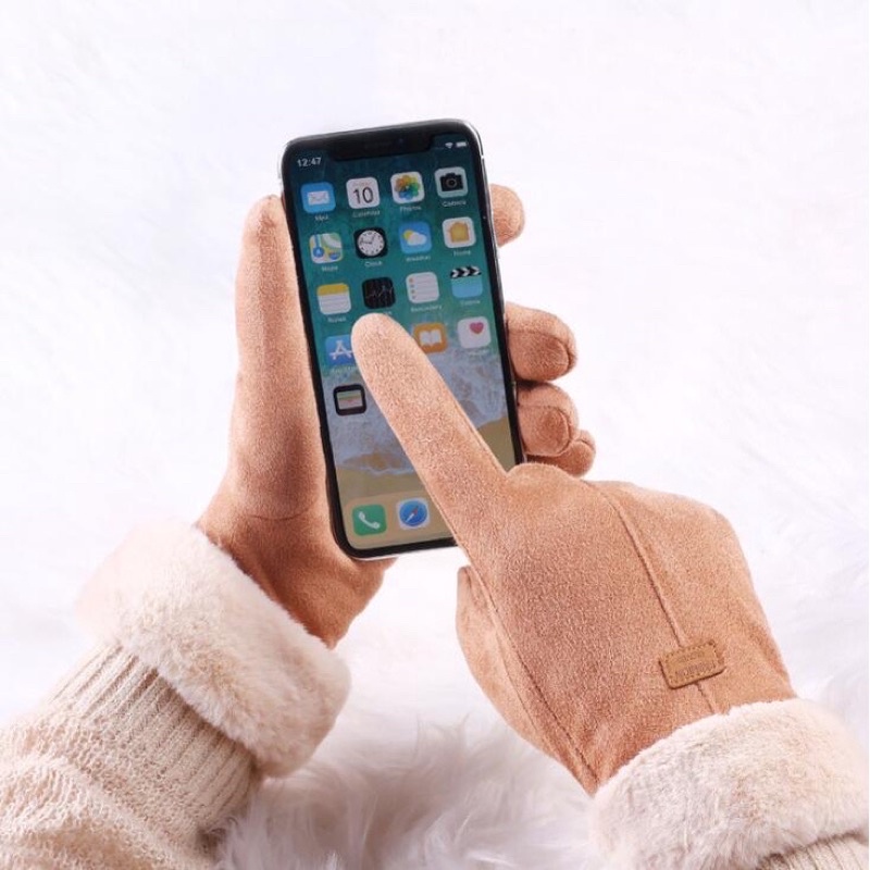 Găng tay da lộn lót lông cảm ứng nữ - Bao tay da lộn cảm ứng