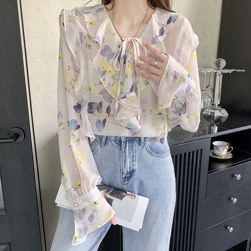Áo Sơ Mi Tay Dài Cổ Lá Sen In Họa Tiết Hoa Phong Cách Phương Tây Thời Trang Cao Cấp Cho Nữ