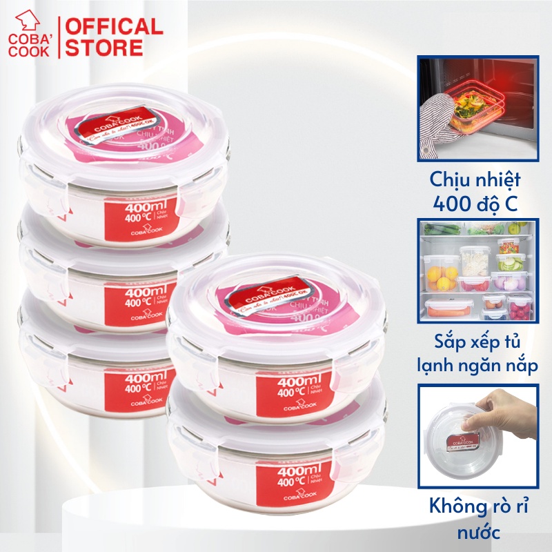 Bộ 5 hộp thủy tinh chống tràn thực phẩm trong tủ lạnh chịu nhiệt COBA'COOK 400ml- CCR45