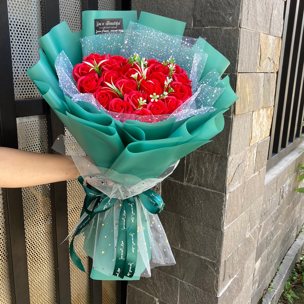 (có Hỏa Tốc) Hoa Hồng Đỏ Trái Tim Giấy Xanh Tặng Người Yêu, Sinh Nhật Ngày Lễ, Sự Kiện Bouquet Of Flowers (Hoa Sáp Thơm)