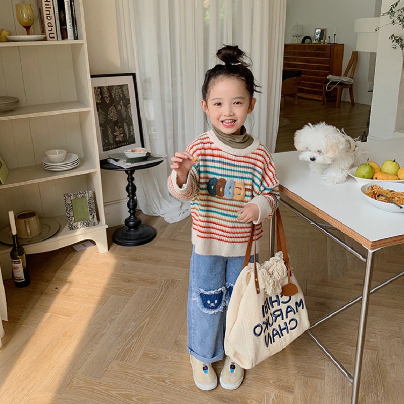 Quần Jean Ống Rộng Họa Tiết Mèo Hoạt Hình Phong Cách Hàn Quốc Cho Bé Gái 2-8 Tuổi