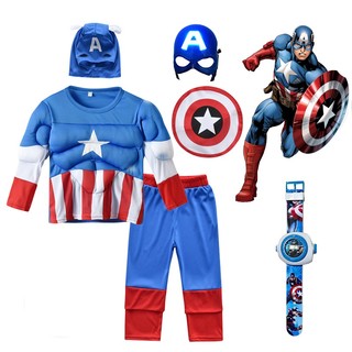 Cậu bé siêu anh hùng Captain America trang phục cơ bắp cosplay Steve Rogers Marvel Avengers bộ trang phục sinh nhật Halloween bên ăn mặc