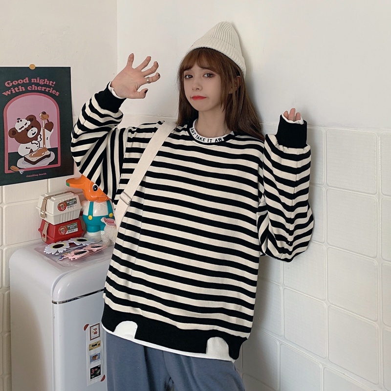 SUXI Áo Nỉ Dài Tay Sọc Ngang Thời Trang Nữ