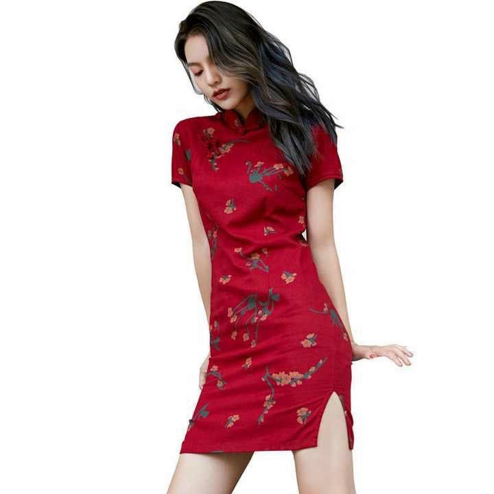 [HCM] Sườn Xám Cổ Tàu From Gắn In Họa Tiết Thời Trang Nữ Sam Closet Free Size 40-55kg