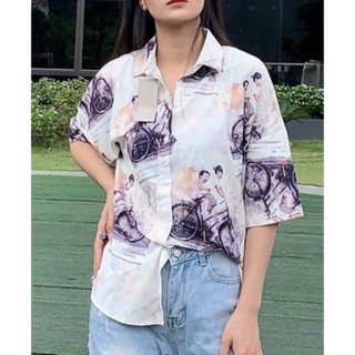 Áo sơ mi nữ form rộng tay lỡ freesize Mẹ Sam 24h chất liệu đũi mềm mát họa tiết in hình Xe Đạp SMH.43