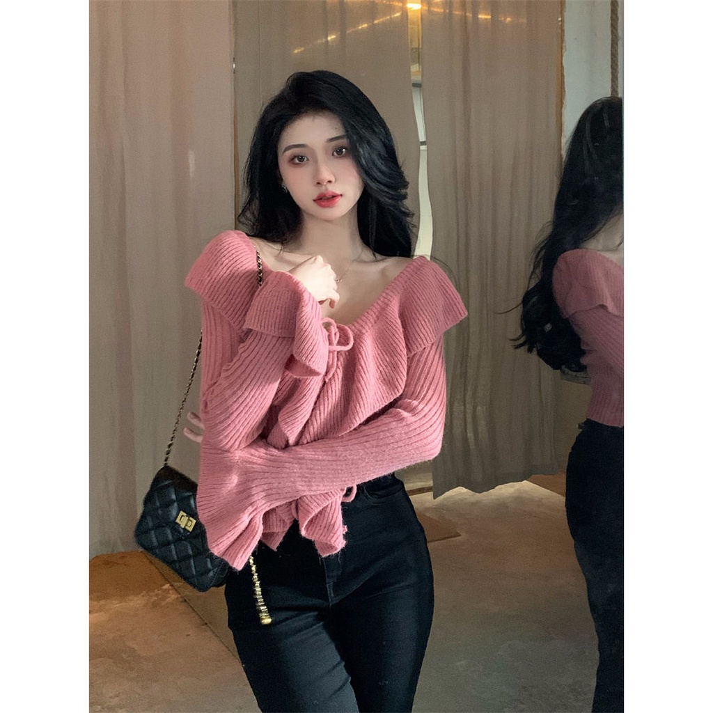 Áo Sweater Dệt Kim Trễ Vai Tay Dài Dáng Ôm Thời Trang Thu Đông Hàn Quốc