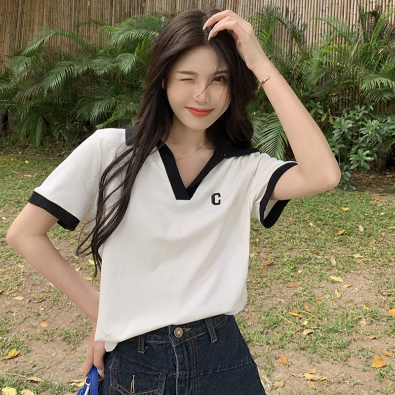 Áo Thun Ngắn Tay Cổ Chữ V Phối Màu Tương Phản Thời Trang Hàn Quốc Cho Nữ