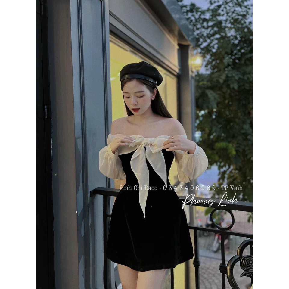 🍀 VÁY NHUNG TRỄ VAI NƠ NGỰC TAY DÀI HAI LỚP CÚP 🍀