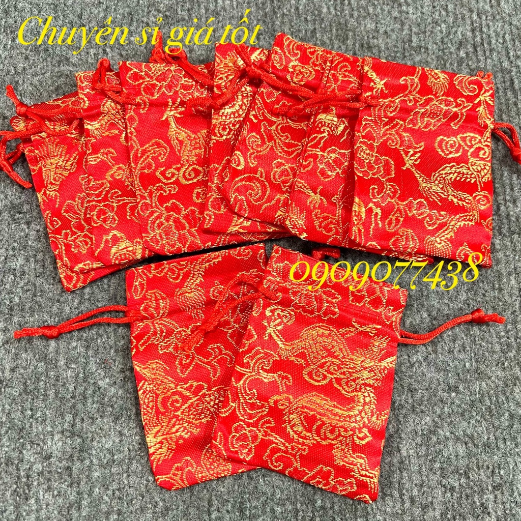 Combo 10 Túi Gấm Long Phụng may mắn rút dây 7 x 9 cm đựng Xu, Trang Sức, Đồ Phong Thủy
