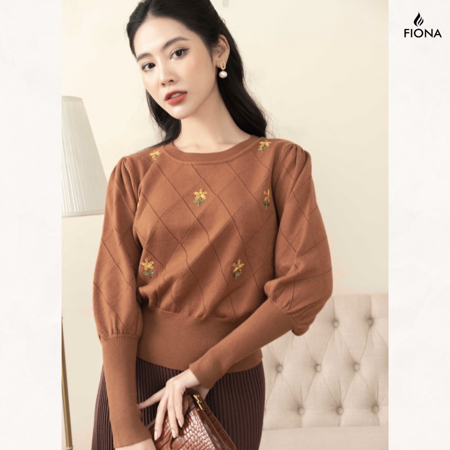 Áo len nữ FIONA cổ tròn bo gấu cao cấp họa tiết hoa chất liệu mềm mại phong cách Hàn Quốc F852776