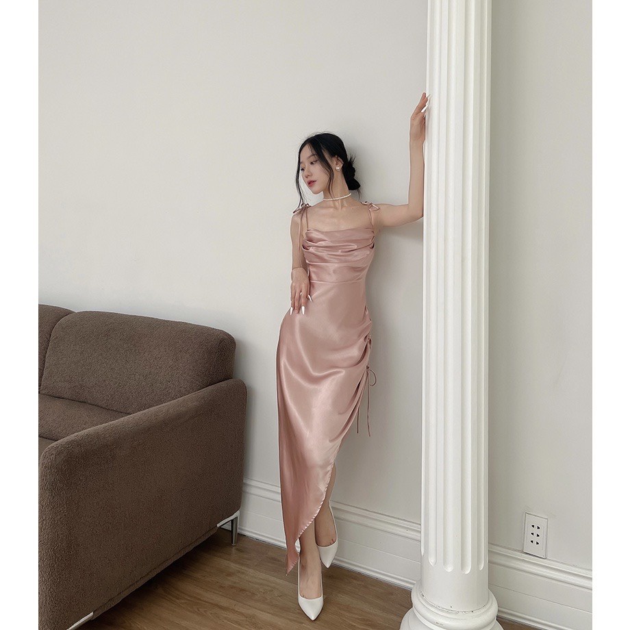 Đầm dự tiệc chất lụa cột dây vai chéo tà xinh xắn - Wendy DRESS