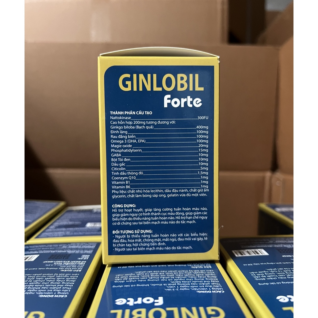 Tăng cường lưu thông máu não GINLOBIL FORTE Hộp 100v - Viên uống bổ sung dưỡng chất cho não chứa Citicolin, Omega 3