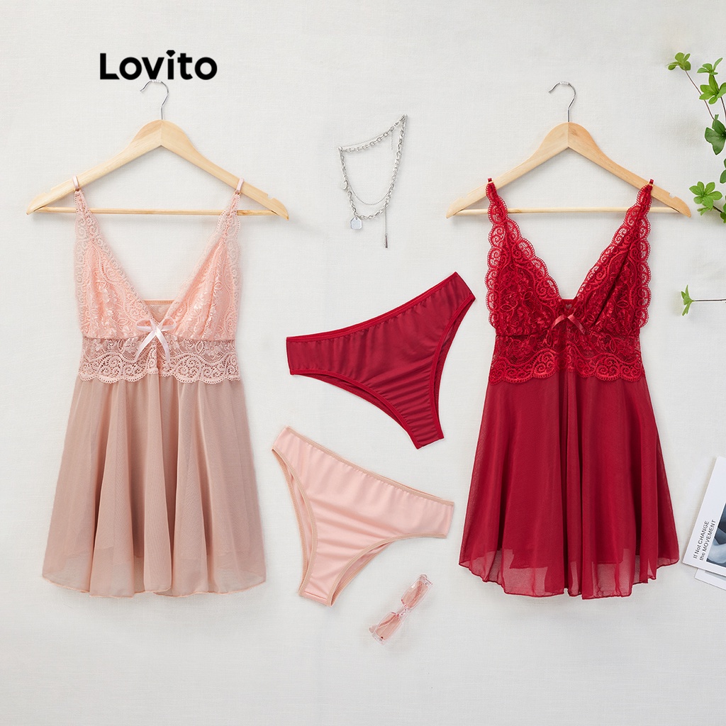 Đồ lót sexy Lovito phối ren lưng cao cổ chữ V sâu L17X059 (màu hồng/ đỏ) | BigBuy360 - bigbuy360.vn