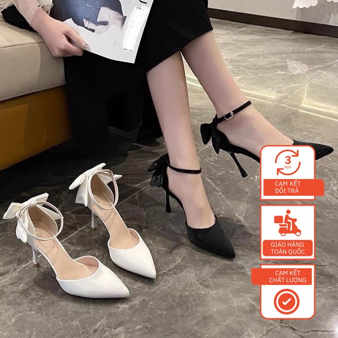 Giày Cao Gót Bít Mũi Cài Quai Nơ Lụa Thiết Kế Sang Chảnh gót nhọn 10cm - N47 - Phom 1.5