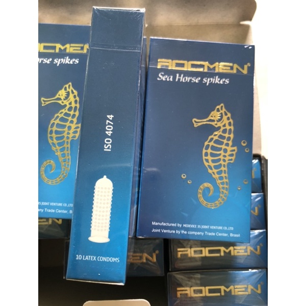 (che tên sản phẩm ) bao cao su Rocmen xanh gân gai con cá ngựa (10 cái)