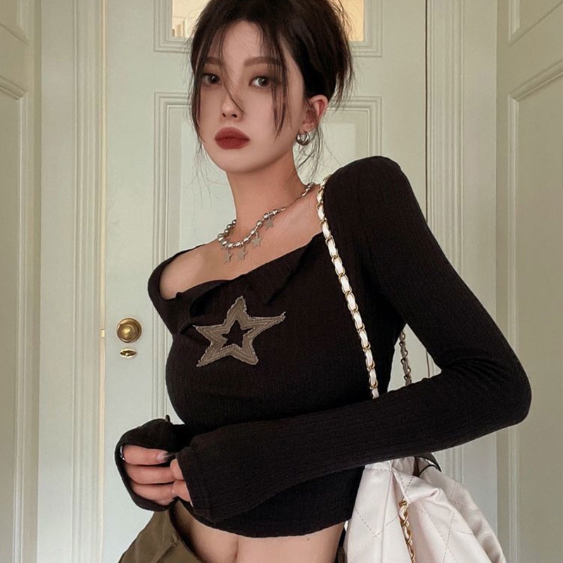 Áo croptop XINLANYASHE dệt kim tay dài thời trang cho nữ