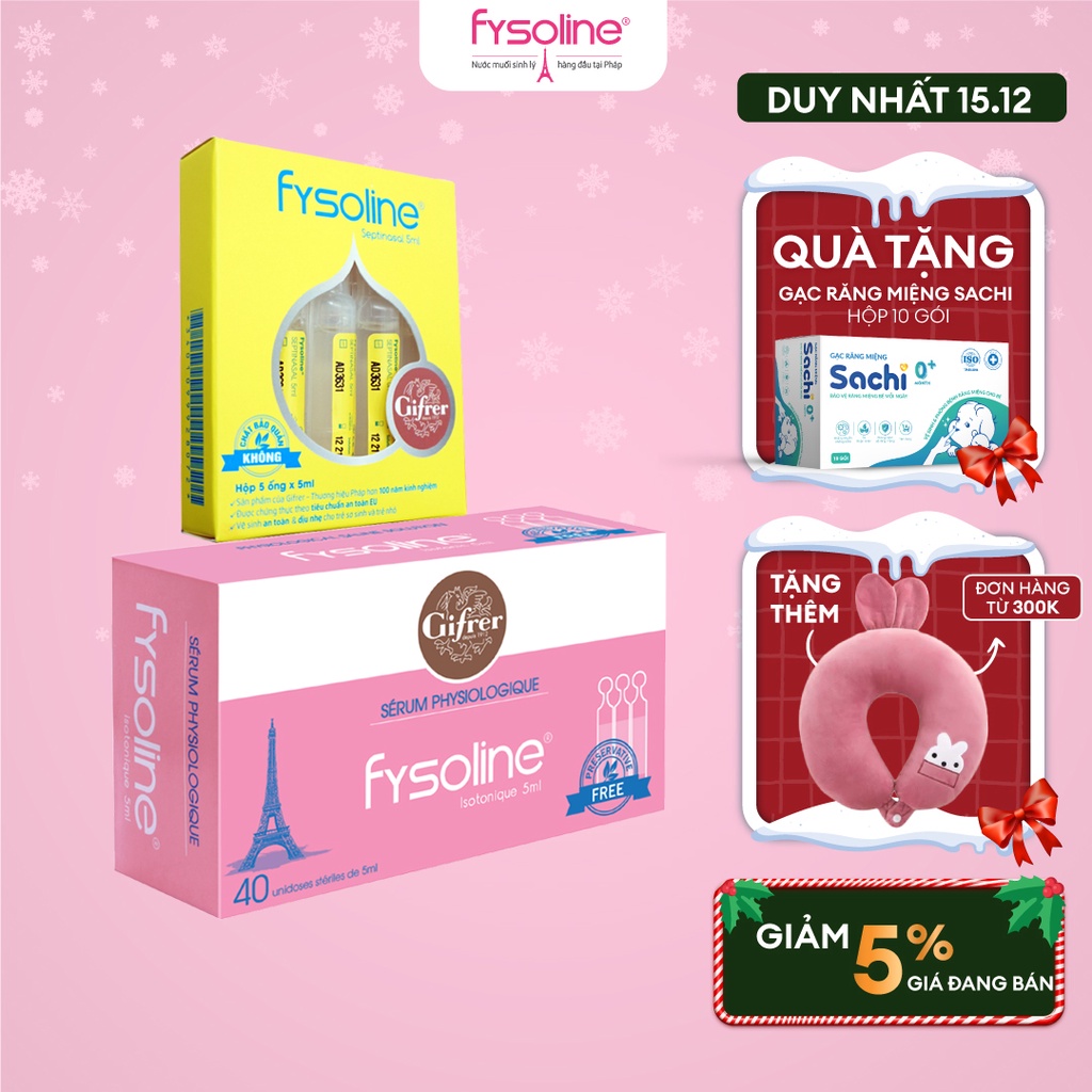 Nước muối sinh lý cho bé Fysoline combo hồng 40 ống x 5ml và Vàng 5 ống x 5ml nhập khẩu Pháp nhỏ mắt mũi miệng hiệu quả