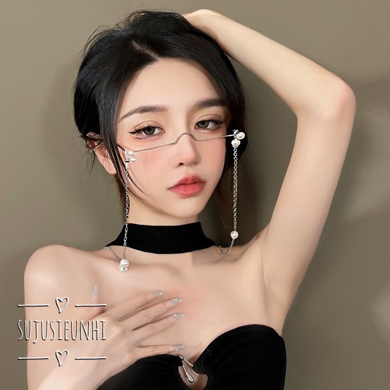 Kính nửa gọng hình vuông không tròng gắn hạt-dây xích đeo kính tạo kiểu