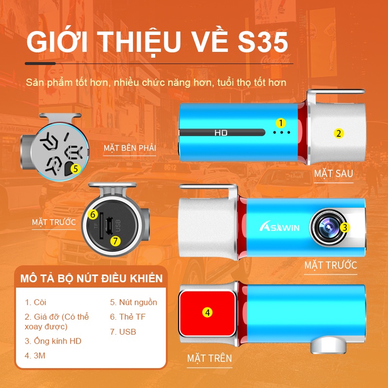 Camera hành trình ô tô Asawin s35 WiFi Full HD 1080P Máy ghi âm lái xe tự động | BigBuy360 - bigbuy360.vn