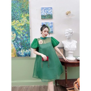Đầm voan nữ tay phồng cài hoa siêu xinh