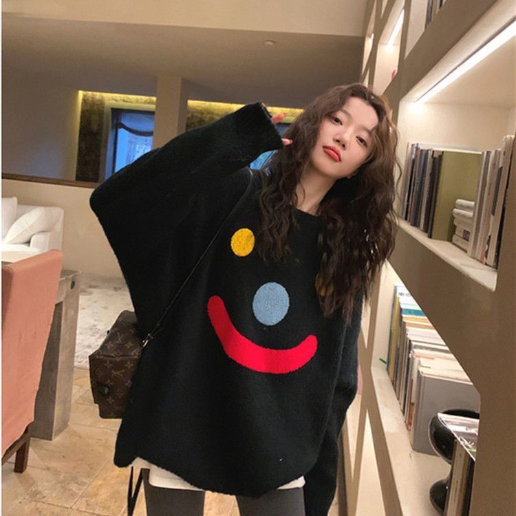 Áo len dệt kim dài tay in họa tiết Thời trang mùa thu phong cách hàn quốc cổ tròn rộng rãi ngọt ngào nữ