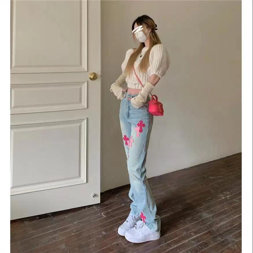 Rose PINK Quần Jean Lưng Cao Dáng Ôm Suông Ghép Nhãn Trái Tim Đám Đông Màu Hồng Nóng Bỏng Cho Nữ