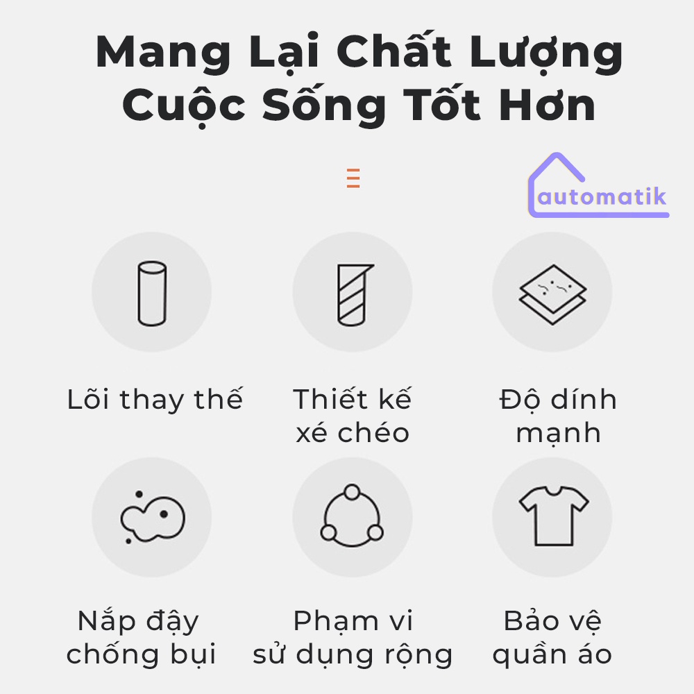 Cây Lăn Bụi Quần Áo, Ga Giường,Lông, Tóc, Sàn Nhà Có Nắp Đậy, Lõi Lăn Bụi Thay Thế 16cm, 24cm - Automatik