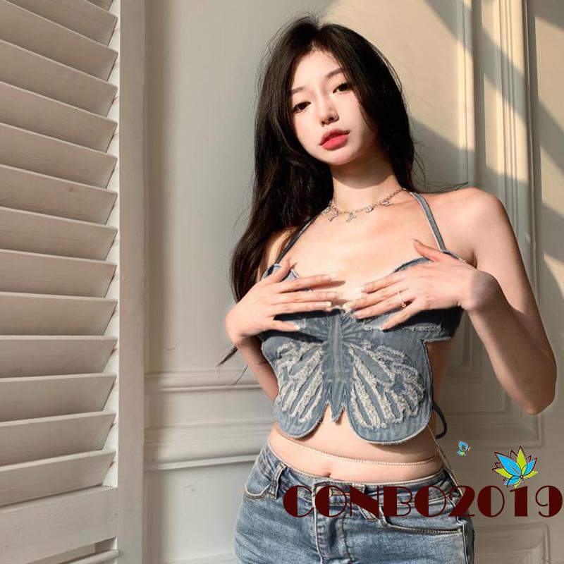 Áo Croptop Sát Nách Hở Lưng In Họa Tiết Bướm 3D Thời Trang Mùa Hè Cho Nữ