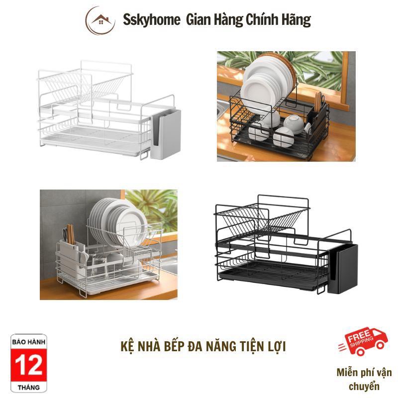 Kệ Nhà Bếp Đa Năng Tiện Lợi Mẫu Mới Có Khay Hứng Nước, Ống Cắm Đũa,Giá Úp Bát, Đĩa Sơn Tĩnh Điện Cao Cấp