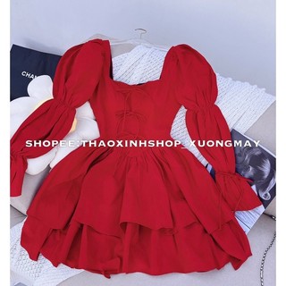 Đầm đỏ tay dài xoè tầng