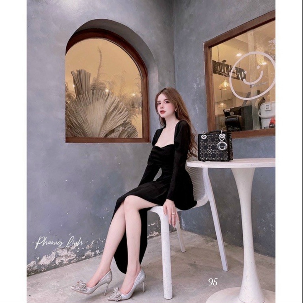 Đầm nữ dáng dài đi dự tiệc cưới, đầm tiểu thư hàn quốc có mút thiết kế tinh tế dễ thương, chất vải umi co giản ôm body