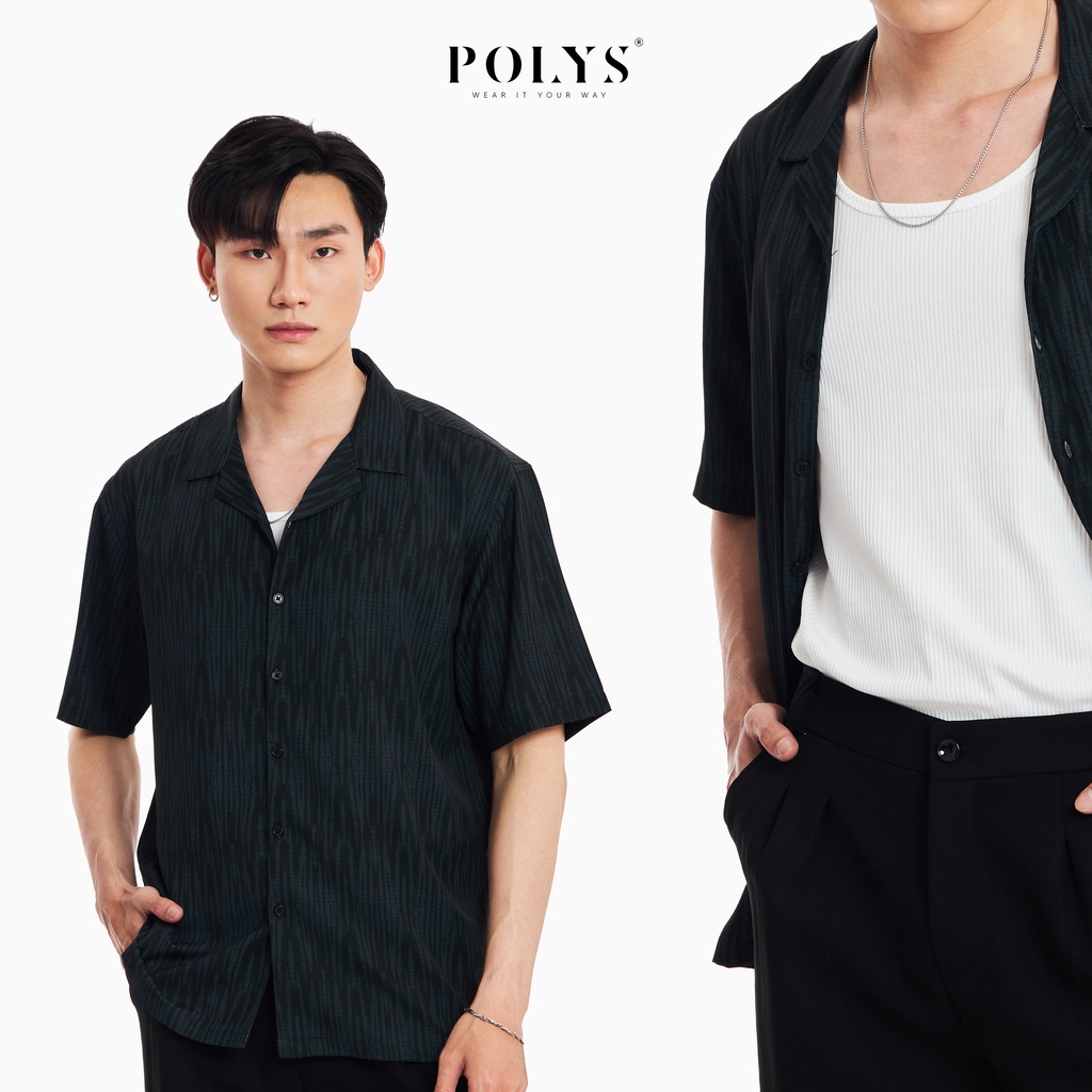 Áo sơ mi nam POLYS Fullbox, Vải Lụa co giãn 4 chiều, mềm mịn, thoáng khí. Áo sơ mi tay ngắn họa tiết BLACK STRIPE