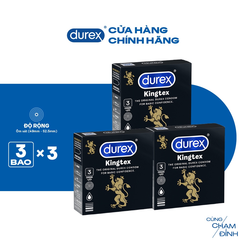 Bộ 3 bao cao su Durex Kingtex ôm sát, size 49mm 3 bao/hộp