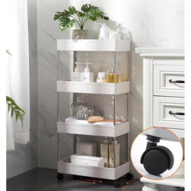 Kệ đựng đồ đa năng 4 tầng có bánh xe đẩy chuyên dụng cho spa, phòng tắm, bếp chất liệu inox cao cấp