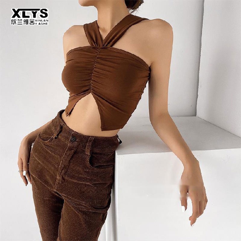 Áo kiểu XINLANYASHE dáng ngắn hở lưng xẻ tà ôm sát cho nữ