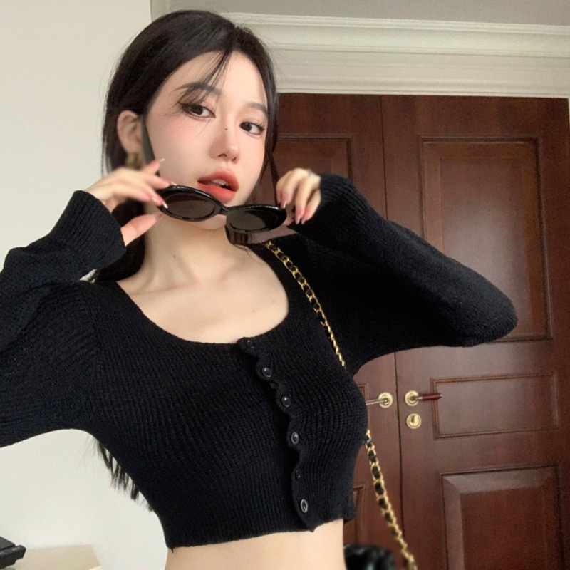 Áo Sweater Croptop Tay Dài Cổ Vuông Phong Cách Hàn Quốc