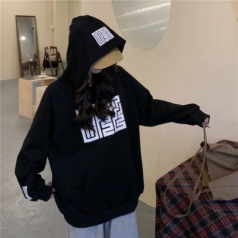 Áo Hoodies Dáng Rộng Hoạ Tiết In Phong Cách Vintage Hàn Quốc