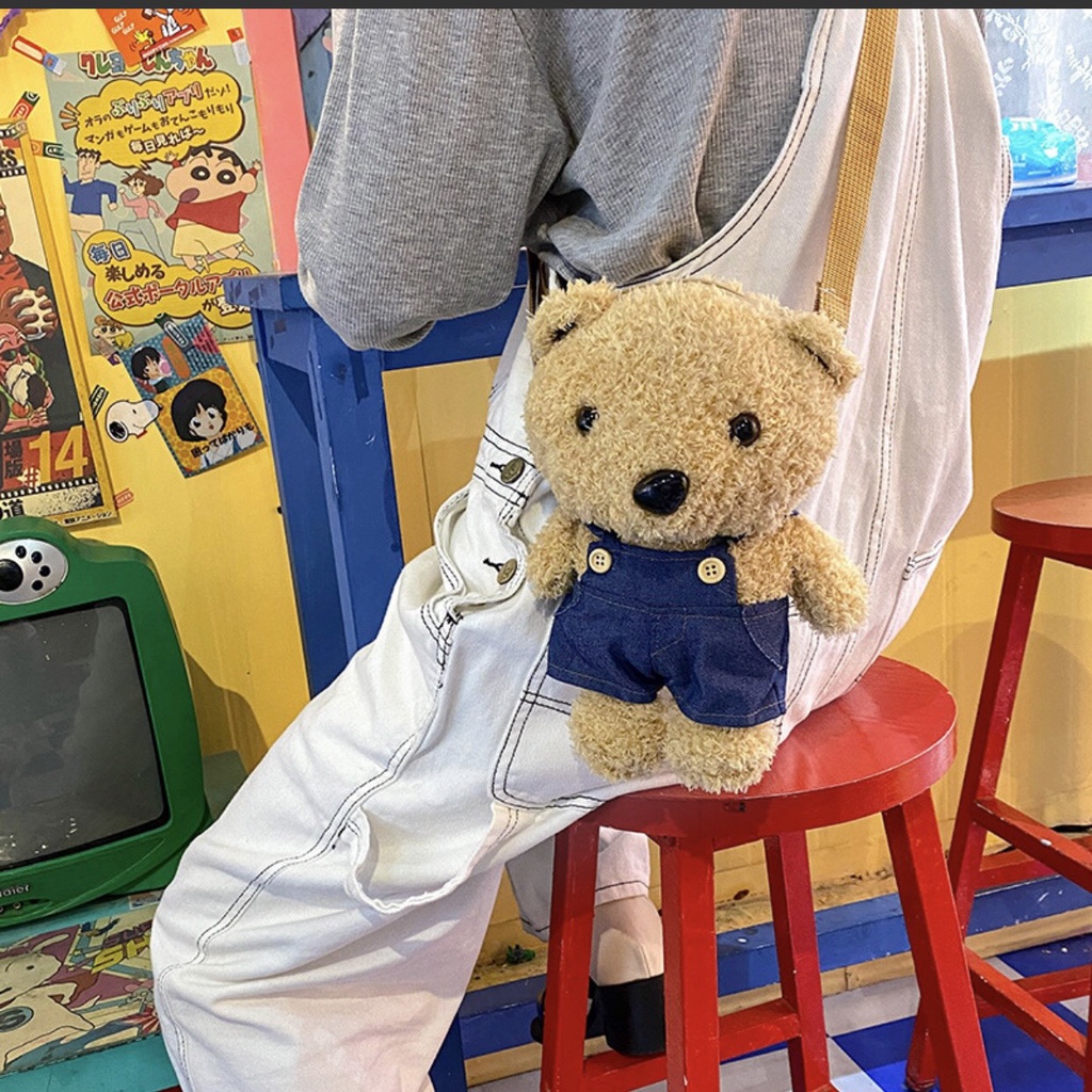 Túi Đeo Chéo Gấu Bông Màu Nâu Mang Áo  - Túi Đeo Vai Nhồi Bông Dễ Thương