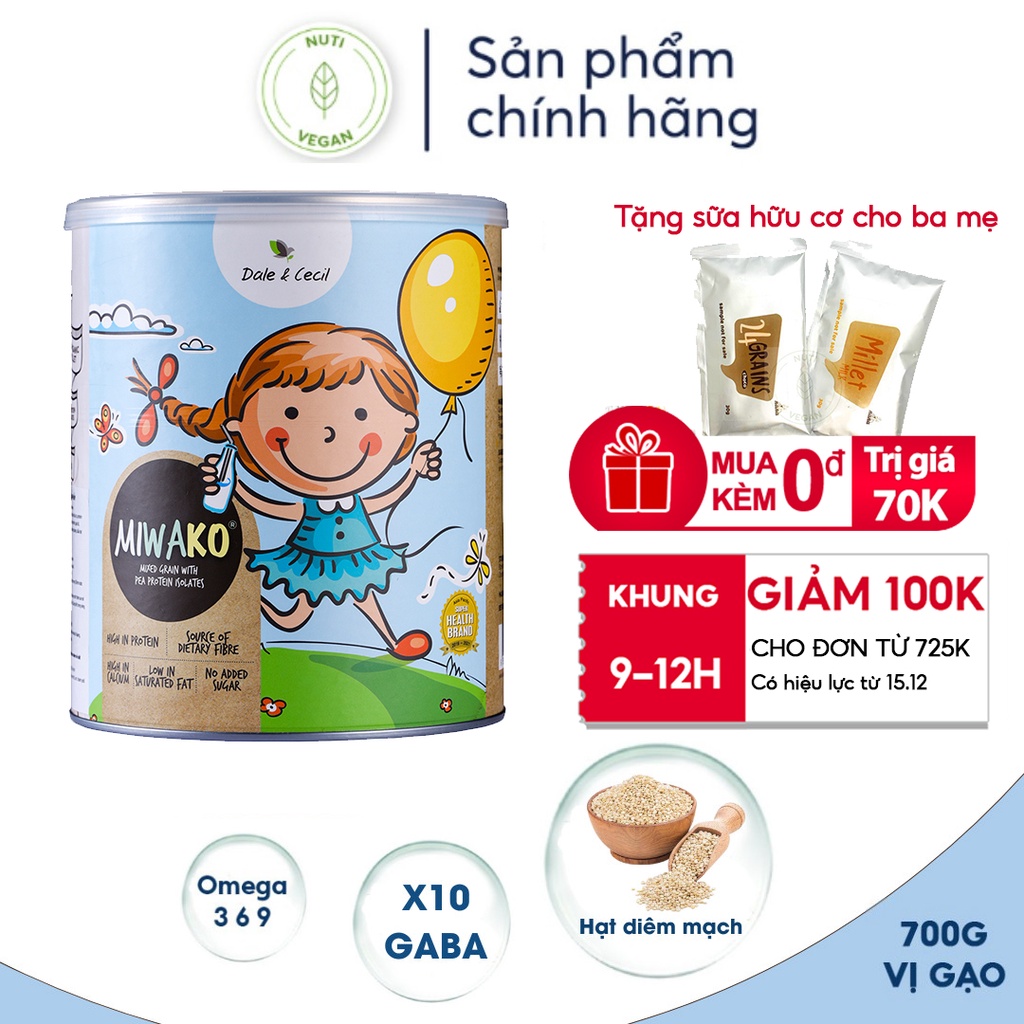 Sữa Cho Bé Dị Ứng Đạm Bò Miwako Vị Gạo Hộp 700g Nhập Khẩu Malaysia, Sữa Hạt Hữu Cơ Vị Ngọt Tự Nhiên Dễ Uống - nutivegan