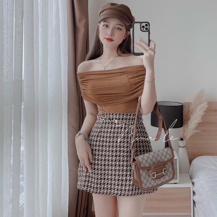 Áo Thun Kiểu Nữ Bẹt Vai Tay Ngắn Ôm Body Chất Nhũ Cao Cấp Chuẩn Form