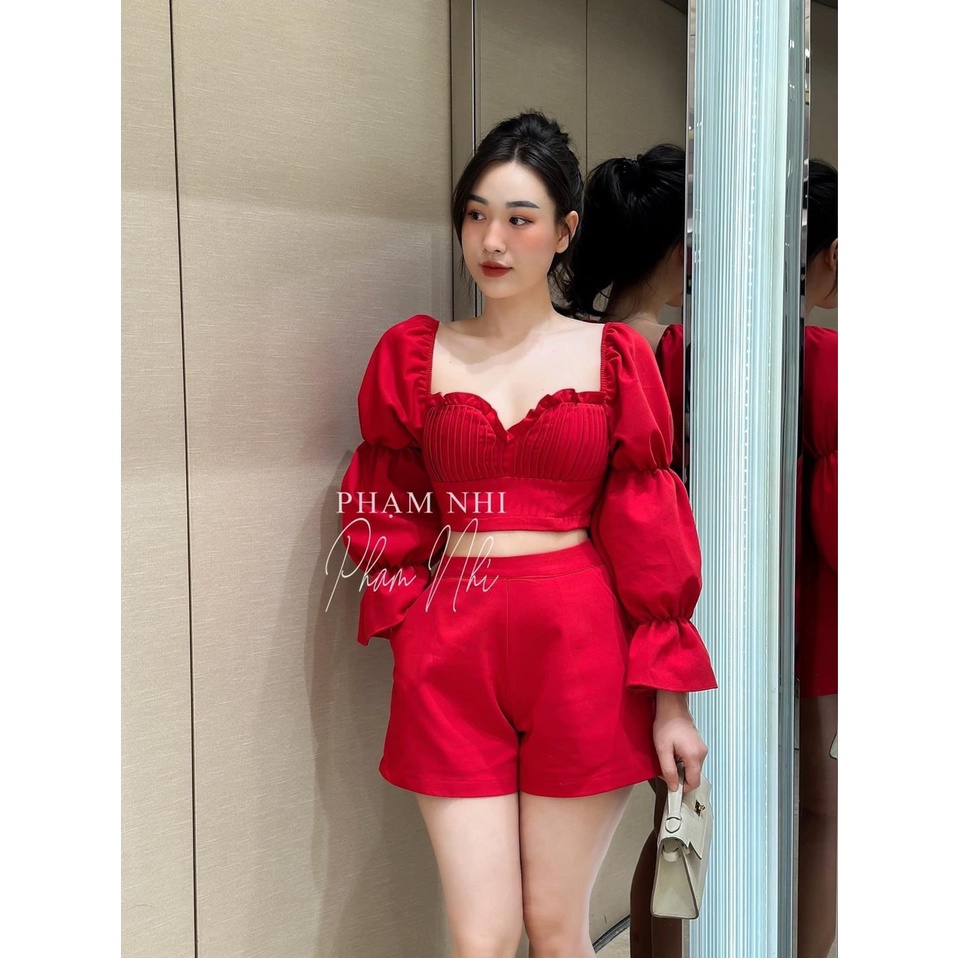 HÀNG CÓ SẴN Set áo croptop đỏ xếp ly ngực kèm quần short Rossy Fashion - SR165