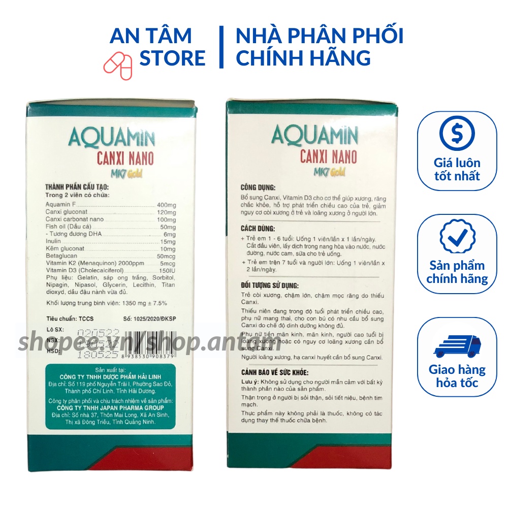Viên uống Aquamin canxi nano mk7 + vitamin D3, K2 MK7 giúp xương chắc khỏe, phòng loãng xương, phát triển chiều cao