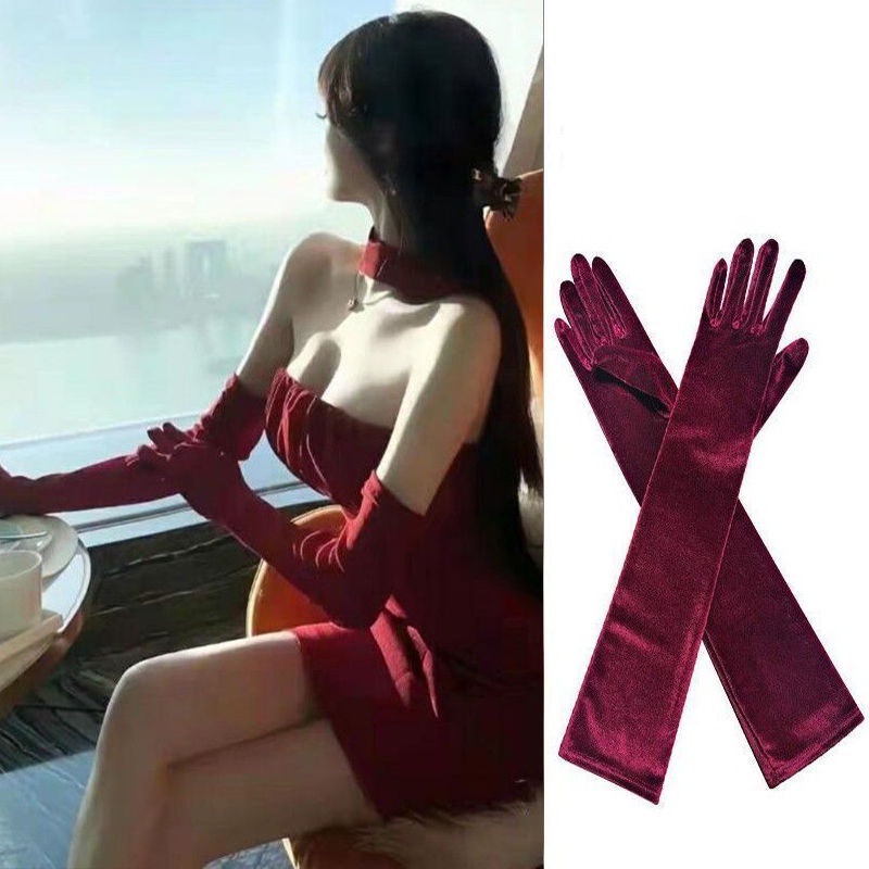 Găng Tay Dài Nhung Đen Đỏ Rượu Vang Phong Cách Vintage