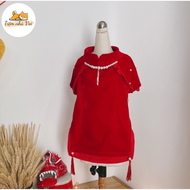 ÁO DÀI NHUNG ĐỎ ĐÍNH NGỌC, ÁO DÀI TẾT XINH XẮN CHO THÚ CƯNG
