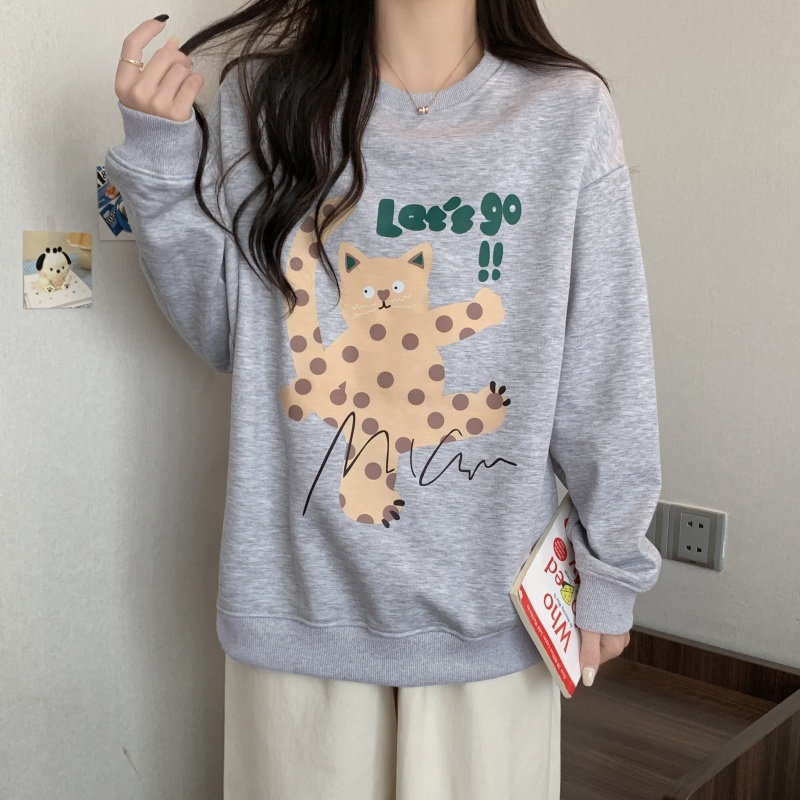 Áo Thun Tay Dài Dáng Rộng In Hình Mèo Phong Cách Hàn Quốc