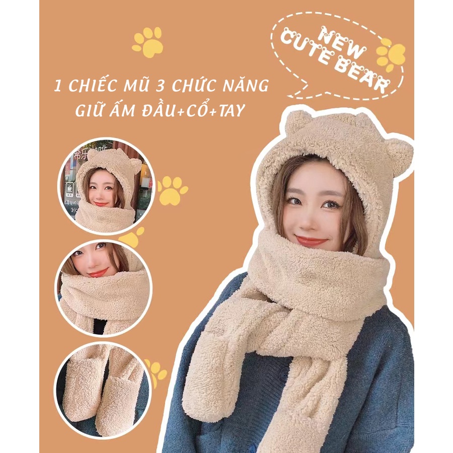 Nón Lông Kiêm Khăn Cổ Có Bao Tay Hình Gấu 3 Trong 1 L2230