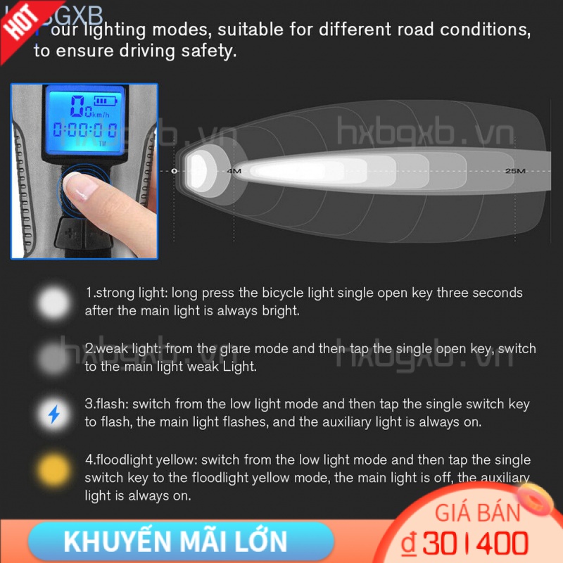 Đèn pha xe đạp 4 chế độ có chuông và đồng hồ tốc độ